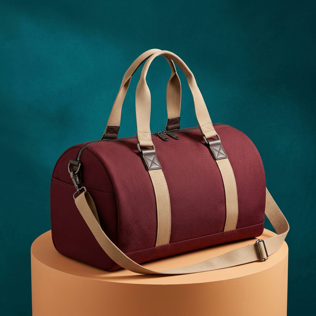 Weekender burgundy and sand duffel hero concept
