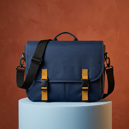 Metroline navy and ochre messenger bag hero concept
